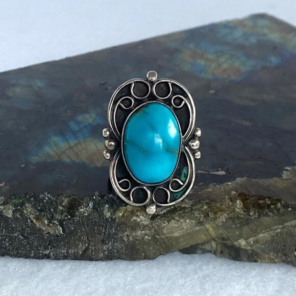 VTG Oxidized Sterling Silver Southwest Style Turquoise Scrollwork Ring Sz 2.75 - Picture 12 of 16